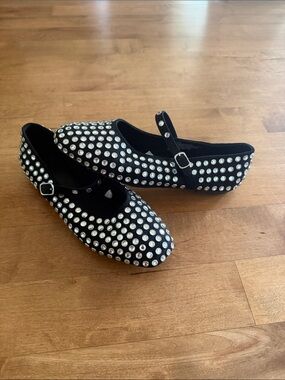 Black Studded Mary Jane Flats with Silver Rhinestones, Women’s Size 8.5